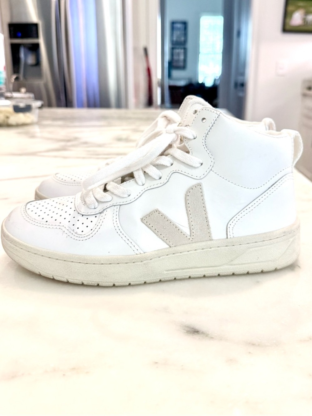 Veja White High-Top Sneakers with Beige V Logo